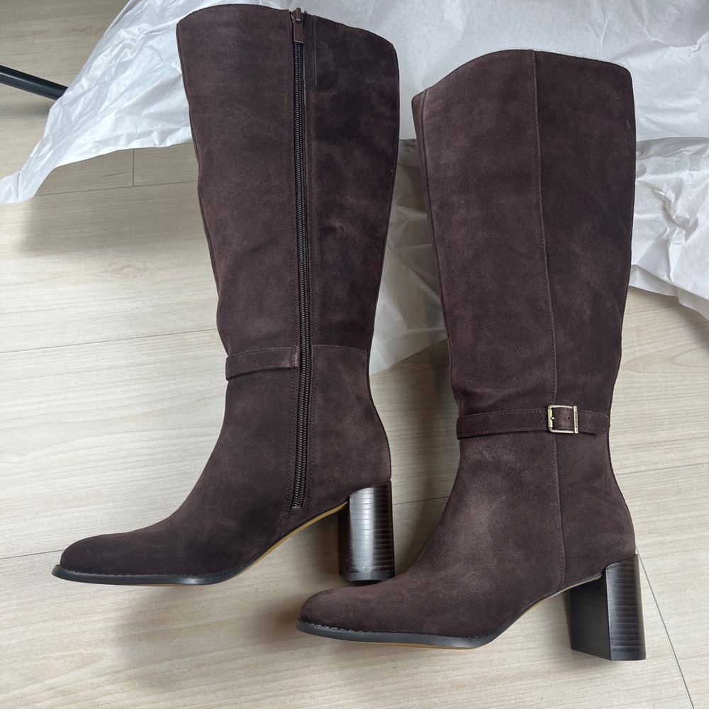 Vionic Valora Wide Calf Tall Suede Boots Chocolate Brown Block Heel Sz 6 NIB